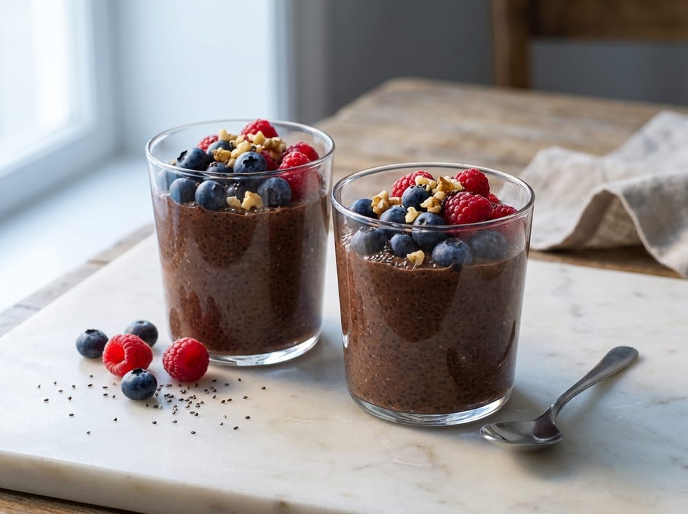 Two clear glasses of thick chocolate-brown chia pudding on a pale marble surface, glossy blueberries and bright red raspberries mounded on top with scattered chopped walnuts, a few chia seeds visible along the glass, cool diffuse morning light with a small spoon and a scatter of loose berries nearby