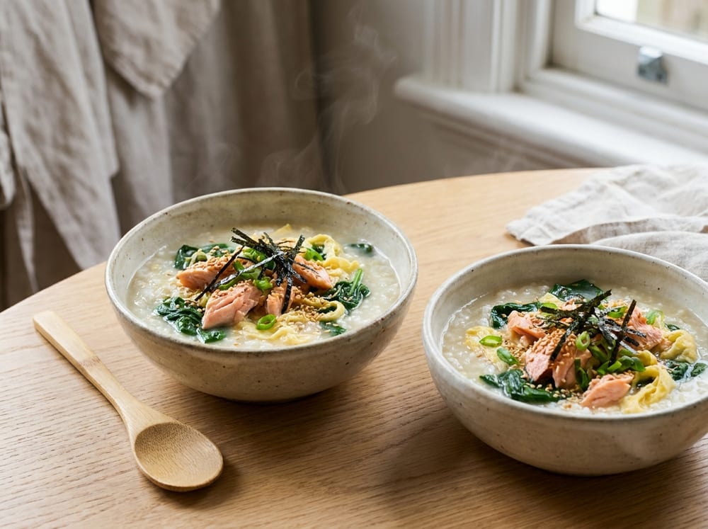 Two ceramic bowls of silky pale rice porridge on a light oak table, flakes of pink salmon and wilted green spinach visible, soft egg ribbons folded through, topped with dark nori strips, sliced scallions, and toasted sesame seeds, gentle steam rising in soft morning window light with a bamboo spoon resting beside one bowl
