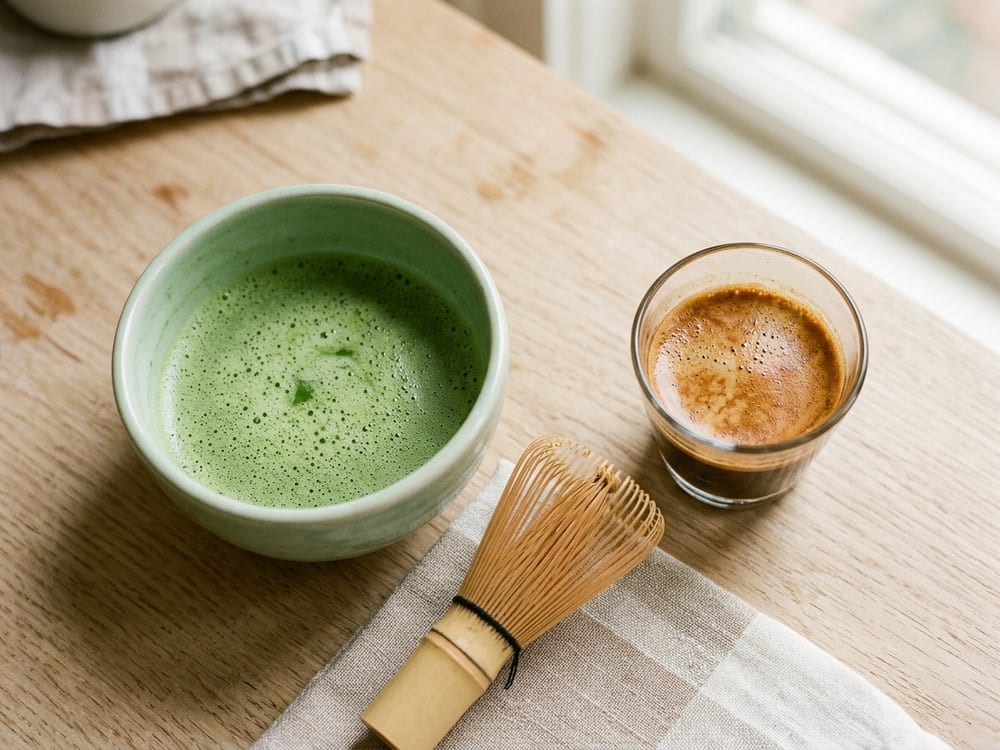 A pale jade bowl of whisked matcha with a thin foam sits beside a small glass of espresso topped with reddish-brown crema, both on a dark slate surface in soft morning window light, a bamboo whisk resting to one side, shot from a low three-quarter angle with shallow depth of field.