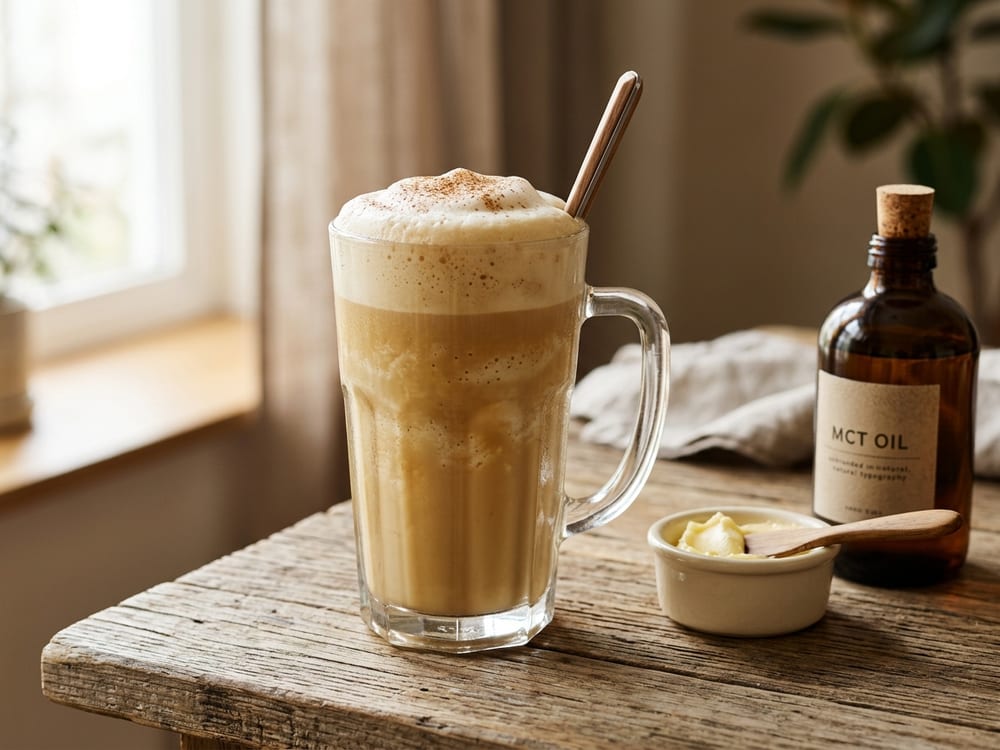 A tall glass mug of pale caramel-colored blended coffee topped with a thick layer of foam, sitting on a weathered wood counter in warm early morning light, steam curling off the surface, shot at a slight downward angle with a soft blurred background.