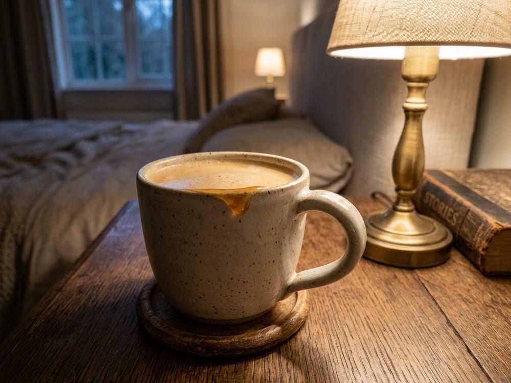 A stoneware mug of pale caramel-colored decaf coffee with warm milk, a thin ribbon of honey pooling near the rim, resting on a folded linen napkin on a dark wood nightstand beside an unlit candle, soft warm lamplight falling from one side, shot close and slightly overhead with steam rising and a shallow blurred background.