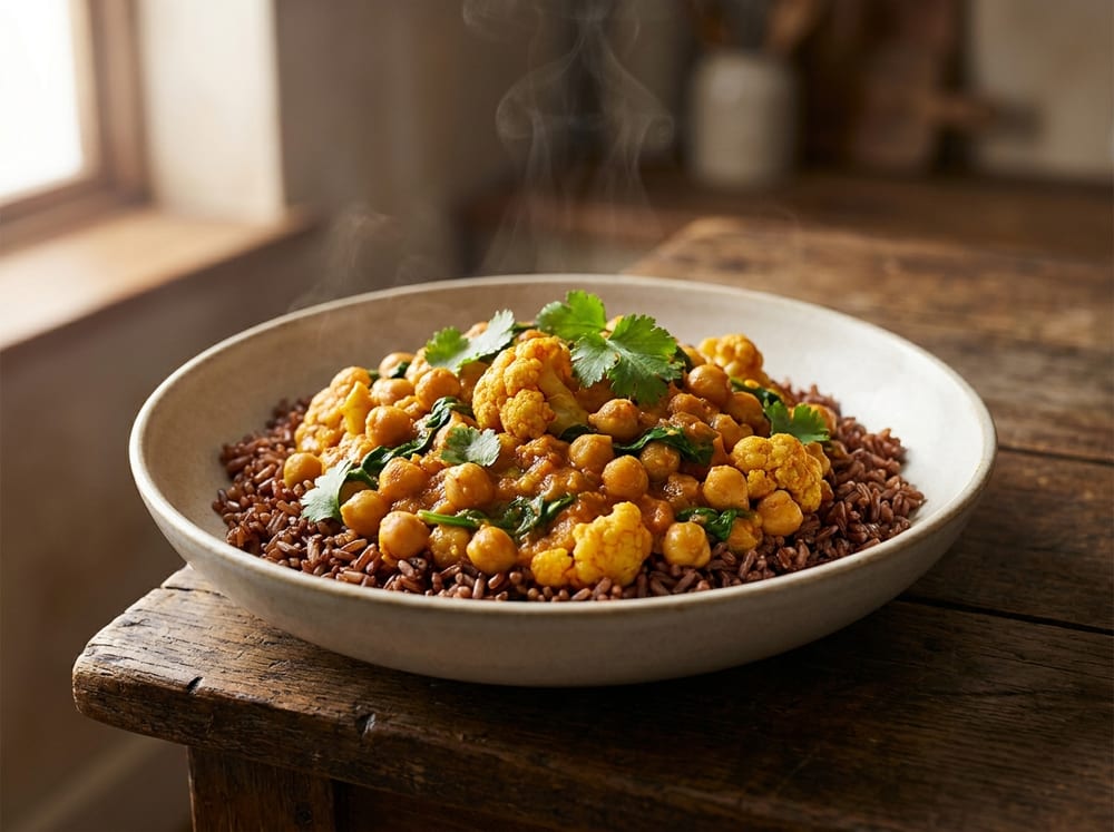 A wide shallow bowl of golden-red chickpea and cauliflower curry flecked with green spinach, spooned over a bed of nutty brown rice, garnished with fresh cilantro, on a dark rustic table in soft warm natural side light with gentle steam rising, no text or logos.