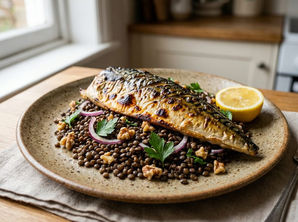 A crisp-skinned grilled mackerel fillet with charred golden skin laid over a warm French lentil salad studded with walnuts, red onion, and bright green parsley, on a rustic stoneware plate with a lemon wedge, lit by soft directional daylight.