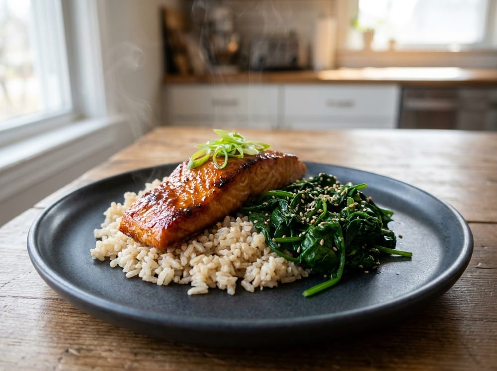 A caramelized miso-glazed salmon fillet resting on fluffy brown rice beside a mound of glossy sesame-flecked wilted spinach, garnished with thin green scallion slices, plated on a matte charcoal ceramic dish under soft natural window light with gentle steam rising.