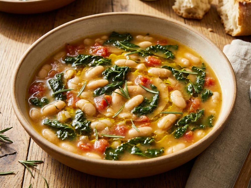 A wide shallow bowl of rustic white bean stew with tender dark green kale ribbons and diced tomatoes in a golden broth, glistening with a fresh drizzle of extra-virgin olive oil and flecks of rosemary, on a weathered wooden table in warm side lighting.
