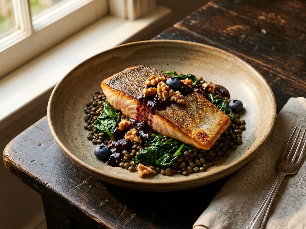 A crisp-skinned seared trout fillet over a mound of green lentils and glossy wilted spinach, draped with a deep-purple blueberry-balsamic glaze and scattered toasted walnut pieces, plated on a rustic stoneware dish on a dark wood table in warm, moody side lighting with a few whole blueberries beside it.