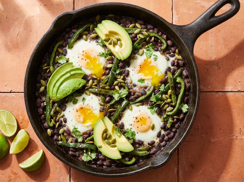 A cast-iron skillet of smoky black beans and charred green poblano strips with four baked eggs nestled in, soft yolks glistening, topped with fanned avocado slices, green pumpkin seeds, and cilantro, photographed overhead on a warm terracotta surface with lime wedges alongside in bright directional light.