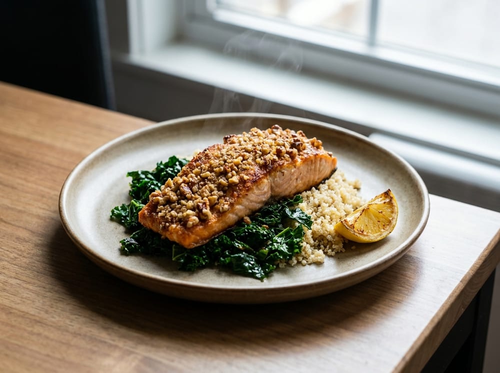 A pan-roasted salmon fillet with a golden toasted-walnut crust resting on a bed of dark green sauteed kale and pale quinoa, served on a matte ceramic plate with a lemon wedge, shot from a slight overhead angle in soft natural window light with gentle steam rising.