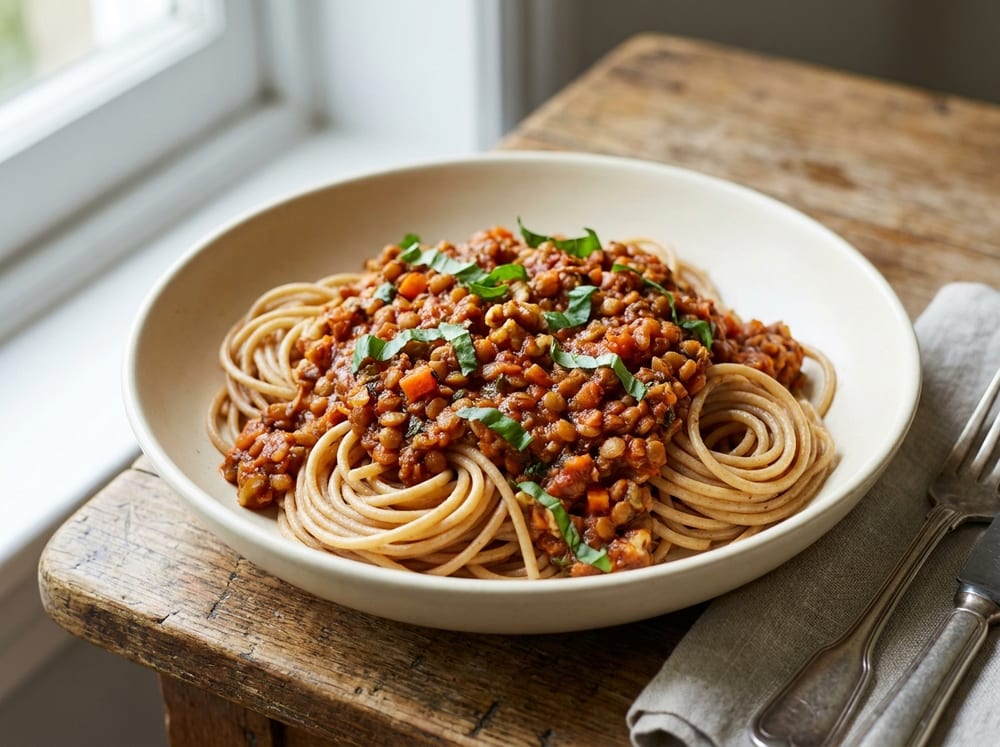 A shallow cream ceramic bowl of whole-wheat spaghetti twirled and topped with a rustic red-brown lentil and walnut ragu, flecks of carrot and herbs visible, torn green basil leaves scattered on top, on a rustic wooden table in soft natural window light.