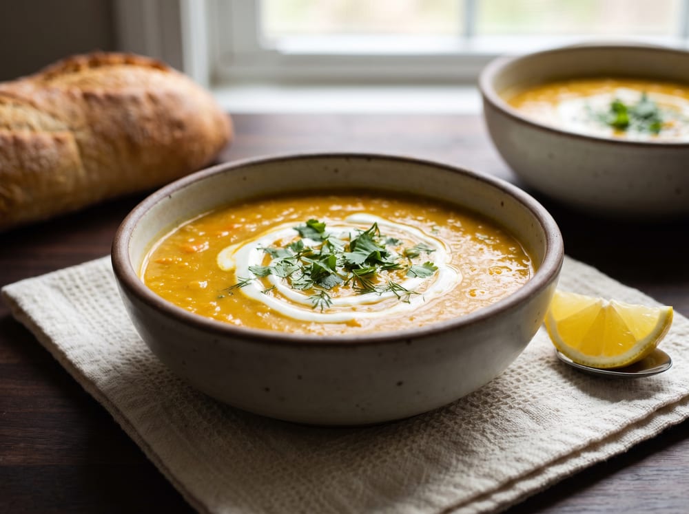 A deep bowl of smooth golden-orange lentil and carrot soup with a soft swirl of white yogurt and a scatter of green herbs, set on warm ivory linen and espresso wood with a lemon wedge and a second bowl blurred behind, gentle natural daylight, shot straight-on with a softly blurred background.