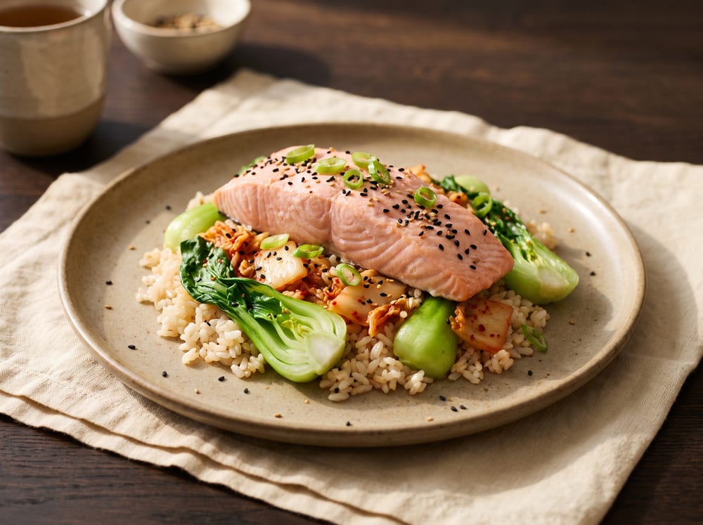 A gently poached salmon fillet resting on warm short-grain rice flecked with ruby kimchi, halved emerald bok choy alongside, on a matte stoneware plate over warm ivory linen and espresso wood, sesame and sliced scallion scattered on top, soft natural daylight, shot straight-on with a softly blurred background.