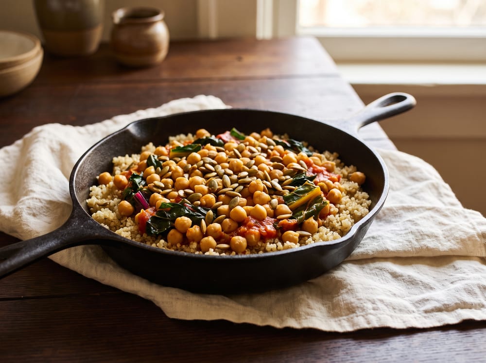 A rustic skillet of golden chickpeas and wilted rainbow chard in a tomato-cumin sauce over fluffy quinoa, scattered with toasted pumpkin seeds, resting on ivory linen and espresso-toned wood in warm soft daylight, straight-on view with a gently blurred background, four by three framing, no text.