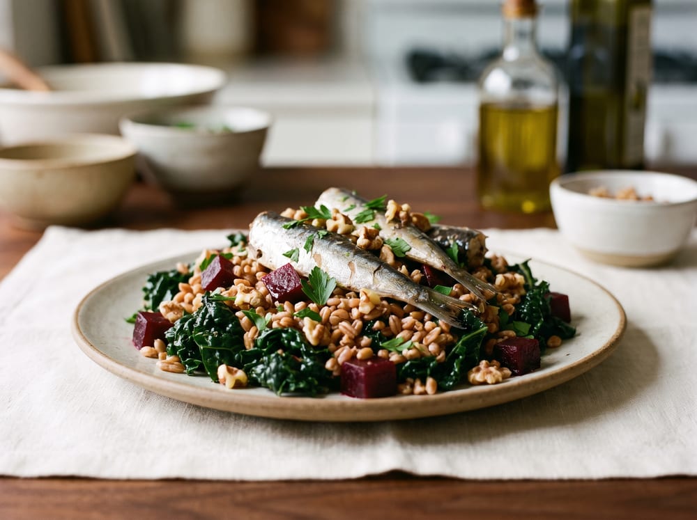 A plate of chewy farro tossed with dark massaged kale and ruby roasted beet cubes, topped with glistening sardines, chopped walnuts, and fresh parsley, styled on ivory linen over warm espresso wood in soft daylight, straight-on view with a gently blurred background, four by three framing, no text.