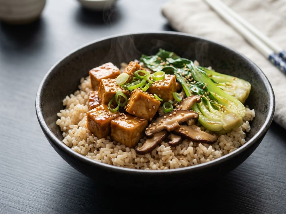 A dark stoneware bowl of fluffy brown rice topped with glossy caramel-lacquered cubes of miso-glazed tofu and sliced shiitake mushrooms beside bright green stir-fried bok choy, garnished with sliced scallions and toasted sesame seeds, photographed at a three-quarter angle under soft directional light with gentle steam rising, on a matte charcoal table with wooden chopsticks resting alongside.