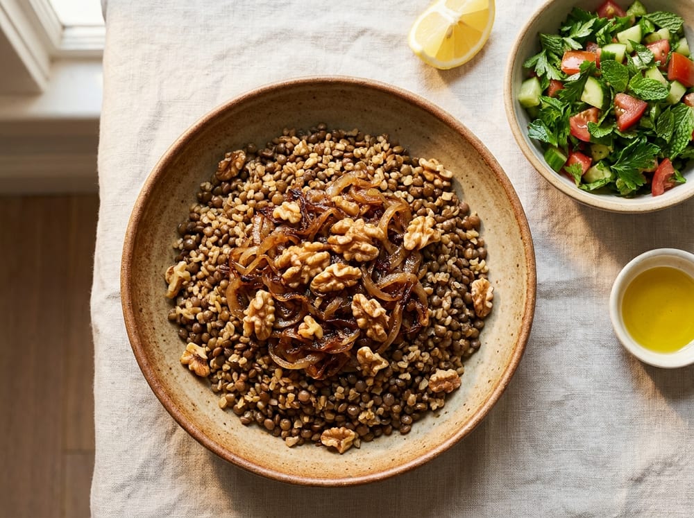 A shallow ceramic bowl of glossy brown lentils and bulgur piled high with dark bronze caramelized onions, scattered toasted walnut pieces, and a vivid green salad of parsley, mint, diced cucumber and tomato on the side, shot from directly above in warm soft daylight on a pale linen cloth, with a wedge of lemon and a small dish of olive oil nearby.