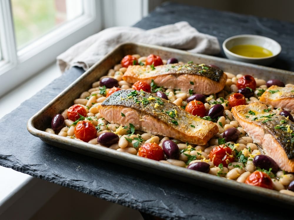 A rustic sheet pan of roasted salmon fillets with crisped skin resting on a bed of creamy white cannellini beans, blistered red cherry tomatoes and glossy dark kalamata olives, flecked with green parsley and lemon zest, photographed from a low three-quarter angle in soft natural window light on a weathered slate surface, glistening olive oil pooling in the pan.