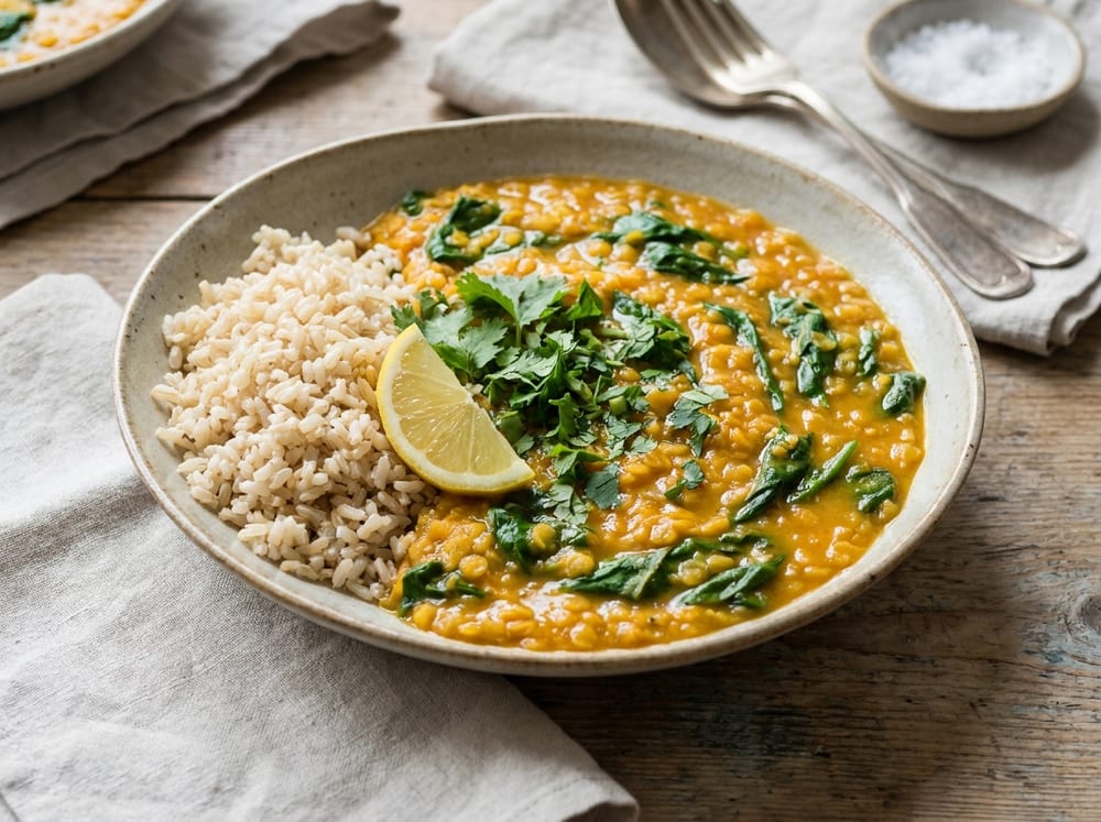 A shallow bowl of glossy golden-orange red lentil dahl flecked with wilted dark green spinach, spooned beside a mound of nutty brown rice, with a fresh lemon wedge and a scatter of green herbs on top, set on pale linen and warm wood, shot from above in soft natural daylight.