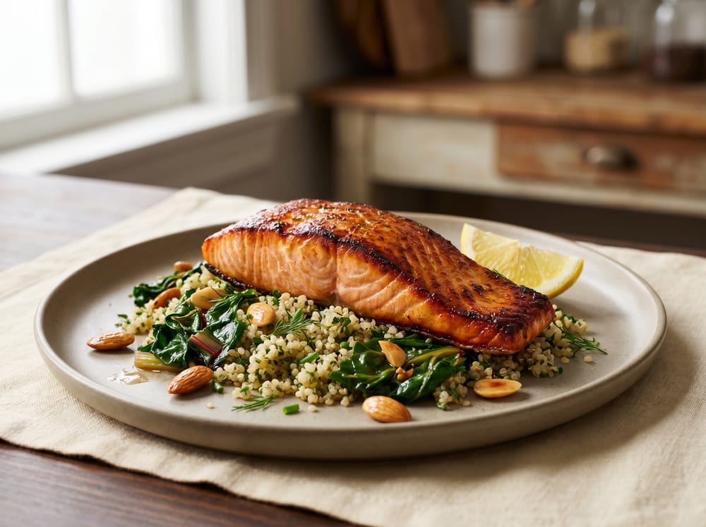 A burnished roasted salmon fillet resting on a bed of herb-flecked quinoa with glossy sauteed chard and scattered golden toasted almonds, a lemon wedge alongside, on a matte stoneware plate over warm ivory linen and espresso wood, soft natural daylight, shot straight-on in a four-by-three frame with a gently blurred background, no text.