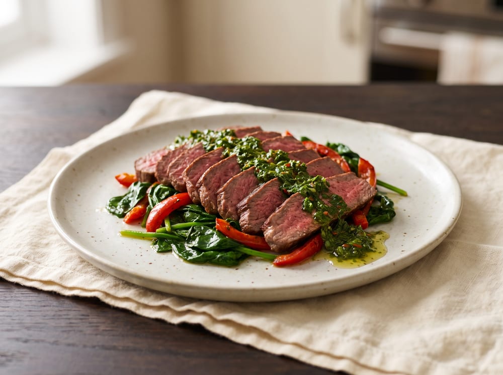 Thinly sliced medium-rare sirloin fanned over glossy wilted spinach and strips of roasted red pepper, a spoonful of flecked green chimichurri pooling over the meat, on a pale stoneware plate atop warm ivory linen and espresso-toned wood, soft natural daylight from the side, shot straight-on in a four-by-three frame with a gently blurred background, no text.
