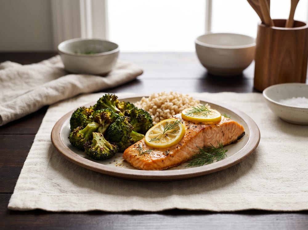 A straight-on 4:3 photograph of a flaky lemon-and-dill baked salmon fillet with lemon slices, beside deeply roasted broccoli florets and a mound of brown rice, on warm ivory linen over espresso-toned wood, soft natural daylight, gentle background blur, no text.