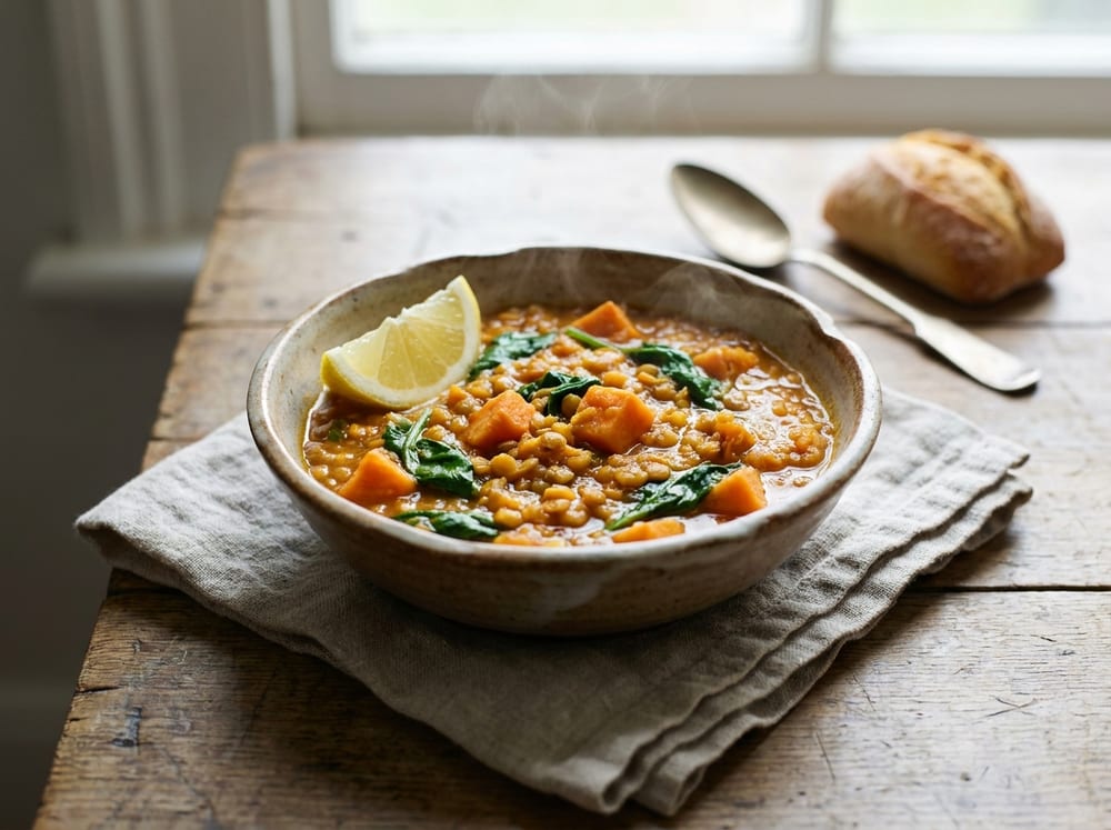 A rustic ceramic bowl of thick orange-and-brown lentil stew studded with soft sweet potato cubes and wilted dark spinach, a lemon wedge on the rim, on a linen napkin over a weathered wood table in soft natural daylight, gentle steam rising, no text.