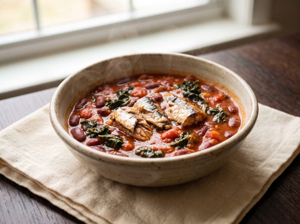 A straight-on 4:3 photograph of a rustic bowl of tomato-red bean stew studded with dark kale and flaked sardines, steam rising softly, on warm ivory linen over espresso-toned wood, soft natural daylight, gentle background blur, no text.
