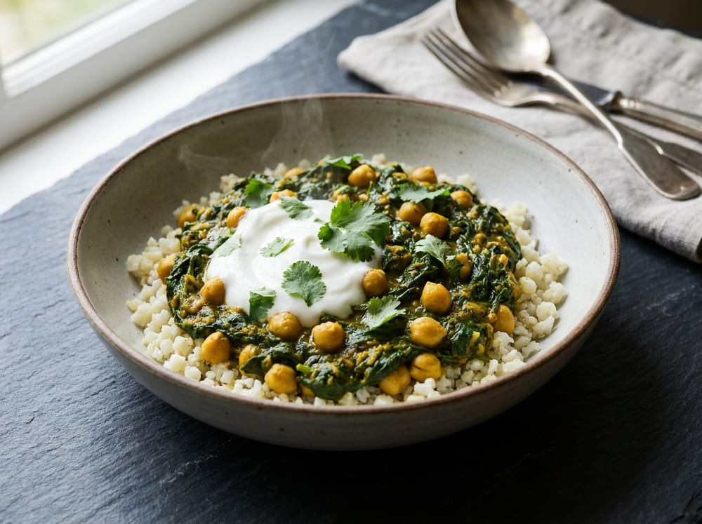 A wide shallow ceramic bowl of deep-green spinach and golden chickpea curry over pale cauliflower rice, a white swirl of yogurt on top, scattered cilantro leaves, shot from a slight overhead angle on a dark slate surface in soft natural window light with gentle steam rising.