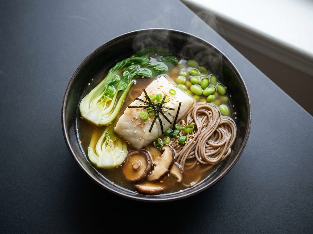 A deep dark bowl of clear amber miso broth holding a flaky white cod fillet, tangled buckwheat soba noodles, halved baby bok choy, sliced shiitake, and bright green edamame, garnished with scallion rings, sesame seeds, and thin nori strips, photographed overhead on a matte charcoal table with steam and soft directional light.