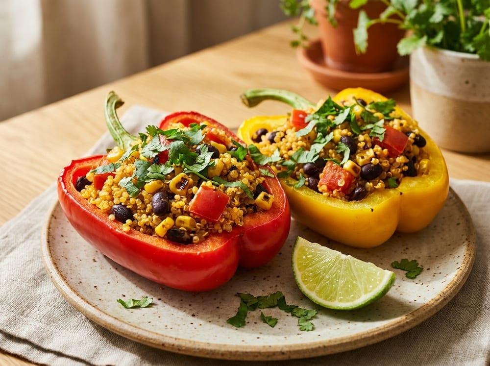 Two glossy red and yellow bell pepper halves on a stoneware plate, overflowing with golden cumin quinoa, black beans, and charred corn flecked with red tomato, showered in bright green cilantro with a lime wedge alongside, warm natural daylight.