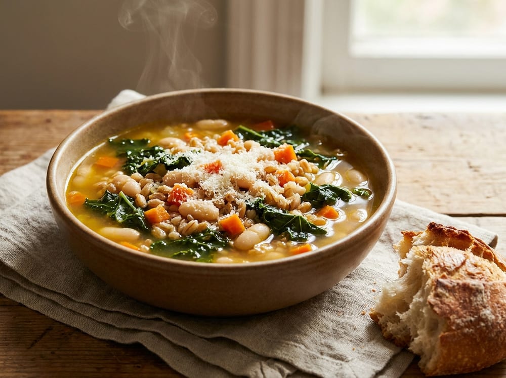 A deep rustic bowl of golden vegetable broth crowded with white beans, dark green kale ribbons, orange carrot, and grains of farro, a light dusting of grated Parmesan on top, set on a linen napkin beside a torn crust of bread, warm side lighting with visible steam.