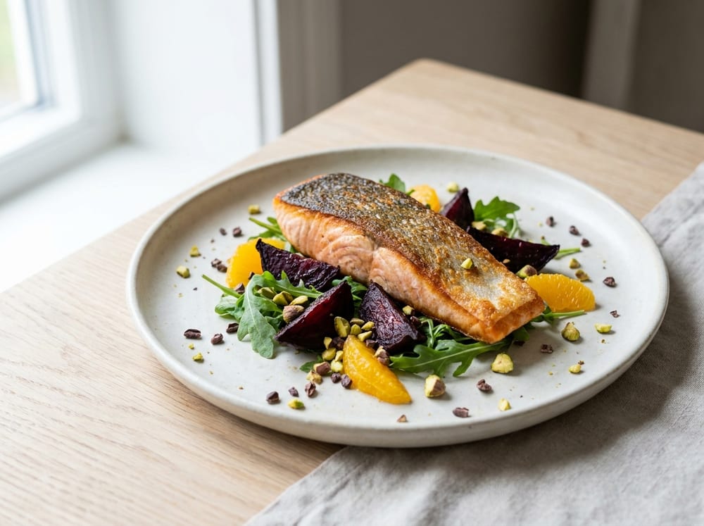 A crisp-skinned seared salmon fillet resting on a bed of deep-crimson roasted beet wedges and peppery green arugula, scattered with chopped green pistachios, dark cocoa nibs and bright orange segments, plated on a matte off-white ceramic plate atop a pale oak table in soft natural side light