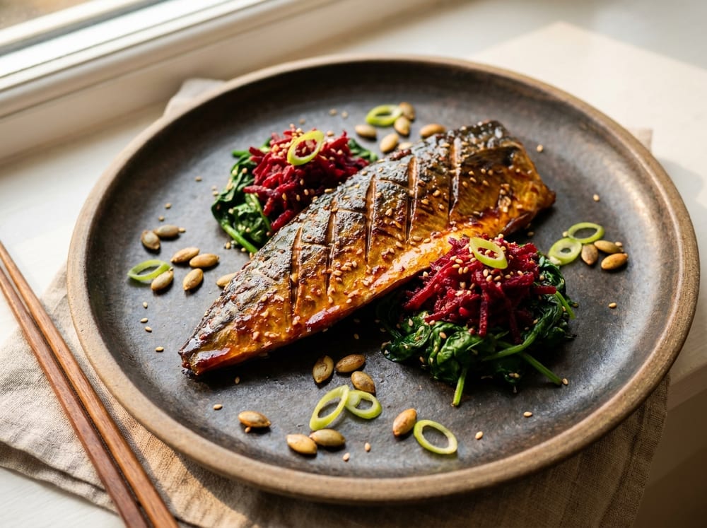 A glossy gochujang-glazed mackerel fillet with crisp scored skin laid across two small mounds of sesame-dressed green spinach and ruby grated beet, scattered with golden toasted pumpkin seeds and thin scallion slices, on a dark stoneware plate with chopsticks resting alongside under warm directional light