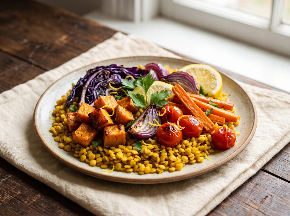 A rustic plate of golden turmeric lentils topped with caramelized cubes of sweet potato, charred purple cabbage, red onion wedges, carrot batons and blistered cherry tomatoes, brightened with parsley and lemon, on warm ivory linen over espresso wood in soft natural light, shot straight-on with a gently blurred background, 4:3 framing.
