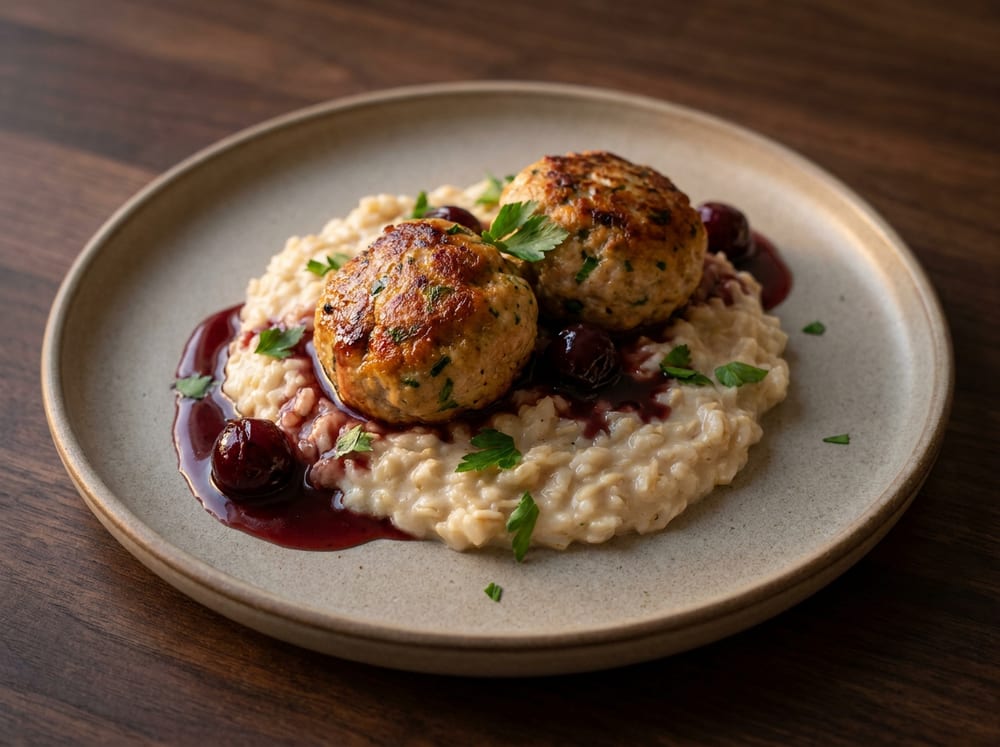Two golden herbed turkey meatballs resting on a bed of creamy pale oat risotto, glossy dark-red tart cherry glaze pooling around them with a few whole cherries, a scatter of fresh parsley, plated on a matte stoneware dish on a dark wood surface in soft warm dusk light.