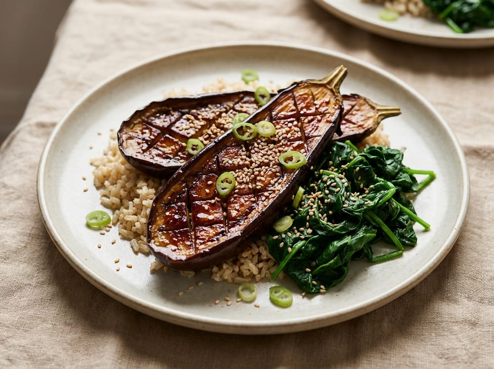 A pale stoneware plate on a warm linen surface holds two halves of glossy mahogany-lacquered roasted eggplant scored in a crosshatch over a mound of nutty brown rice, a bright heap of steamed dark-green spinach alongside, scattered with pale toasted sesame seeds and thin green scallion rings, in soft natural side lighting.