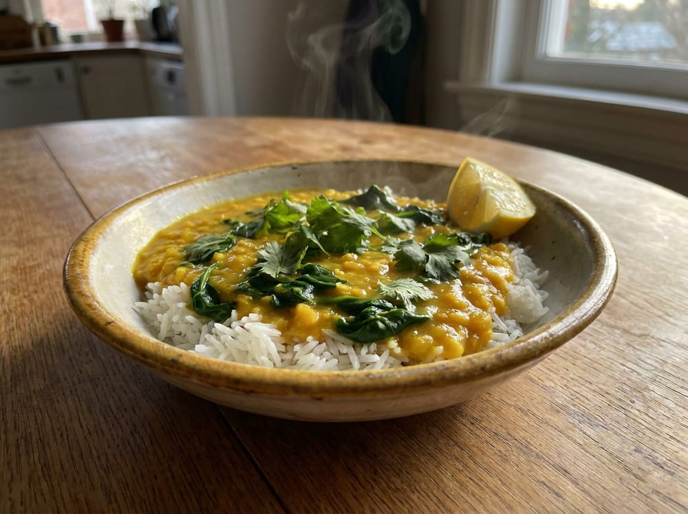A shallow ceramic bowl of glossy golden turmeric dal ladled over a mound of fluffy basmati rice, flecks of dark wilted spinach and green cilantro scattered on top, a lemon wedge resting on the rim, set on a warm oak table under soft low-angle evening light with a gentle steam rising.