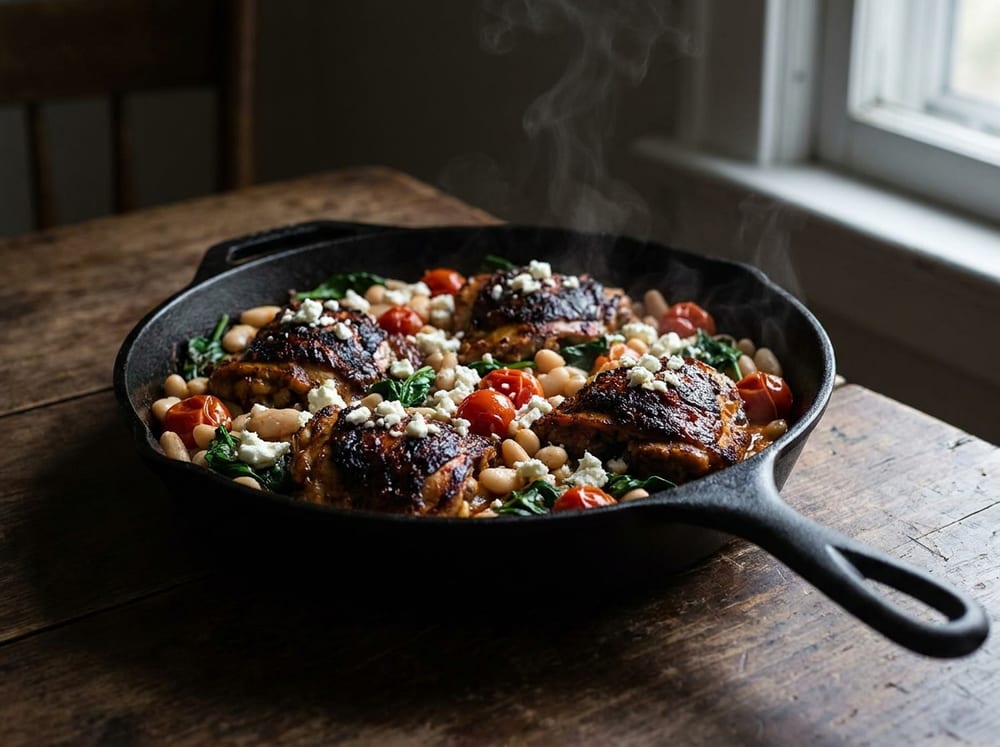 Dark harissa-glazed chicken thighs nestled in a skillet of creamy white cannellini beans with blistered burst cherry tomatoes, wilted spinach and crumbles of white feta, steam rising, shot from a low three-quarter angle in a cast-iron pan on a rustic dark wood table, warm moody lighting.