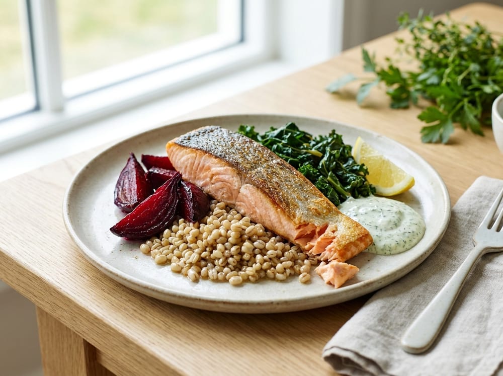 A flaking baked salmon fillet with crisp skin resting on a bed of glossy pearl barley, deep-red roasted beet wedges and dark sauteed kale, with a pale spoonful of flecked green dill-yogurt sauce and a lemon wedge, on a pale stoneware plate against a light oak table, bright natural window light.