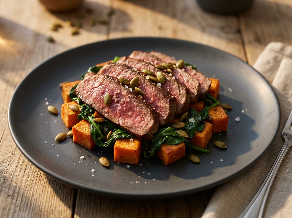 Sliced medium-rare sirloin fanned over caramelized cubes of roasted sweet potato and dark wilted garlic spinach, scattered with toasted green pumpkin seeds, on a matte charcoal ceramic plate, warm side lighting casting soft shadows, a few flecks of coarse salt visible on the beef.
