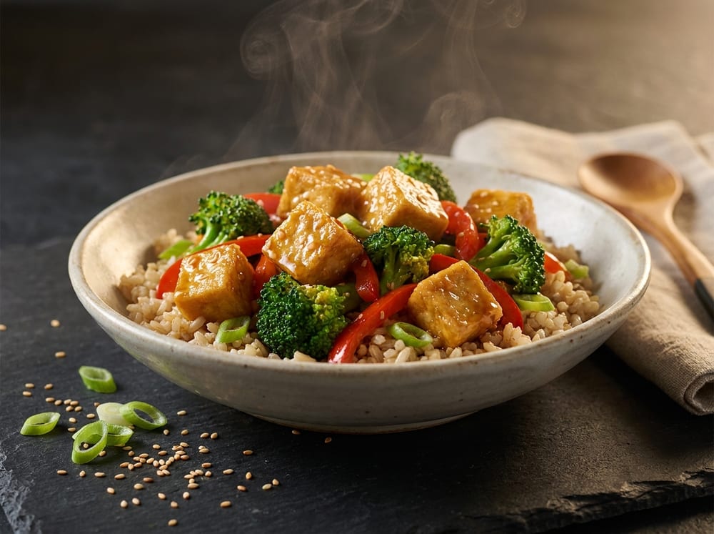 A shallow ceramic bowl of glossy golden tofu cubes with bright green broccoli and red pepper strips over nutty brown rice, scattered with toasted sesame seeds and green scallion, glistening in the ginger-garlic glaze on a slate surface in soft warm directional light, shot from a low three-quarter angle with steam rising.