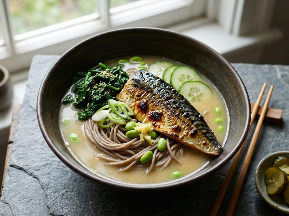 A deep dark-glazed bowl on a slate surface, tangled buckwheat soba noodles submerged in a pale golden miso broth flecked with grated ginger and bright green edamame, a glistening broiled mackerel fillet with blistered skin laid across the top, a small nest of sesame-flecked wilted spinach, thin pale cucumber slices and sliced scallions, wisps of steam rising in soft window light, muted natural tones and a gentle reflective sheen on the broth.