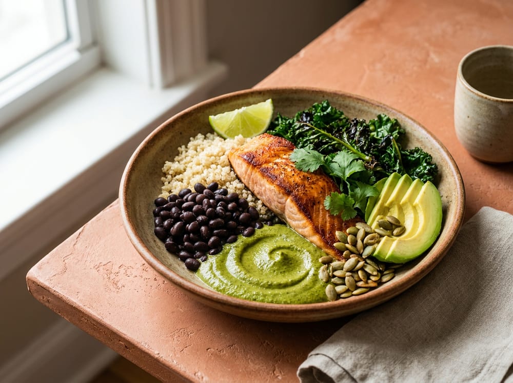 A wide shallow ceramic bowl on a warm terracotta table, a crisp-skinned salmon fillet resting over fluffy pale quinoa and glossy black beans, a vivid green pumpkin-seed mole pooling to one side, charred dark leafy greens and fanned avocado slices, scattered toasted pepitas and torn cilantro, a lime wedge at the rim, soft natural side light casting gentle shadows and highlighting the sauce sheen.
