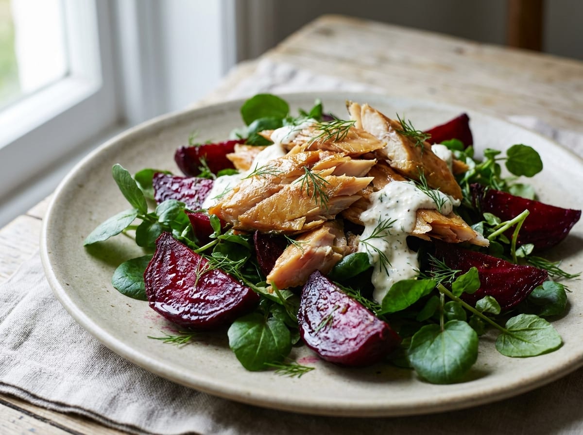 Deep magenta beetroot wedges and dark green watercress on a pale plate, topped with large flakes of bronzed smoked mackerel, a white horseradish dressing spooned over and dill scattered on top.