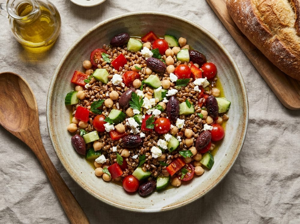 A generous grain salad in a shallow stoneware bowl, chewy farro and chickpeas tumbled with halved cherry tomatoes, diced cucumber, red pepper, glossy kalamata olives and crumbled white feta flecked with parsley, olive oil sheen catching bright side light on a rustic linen surface.