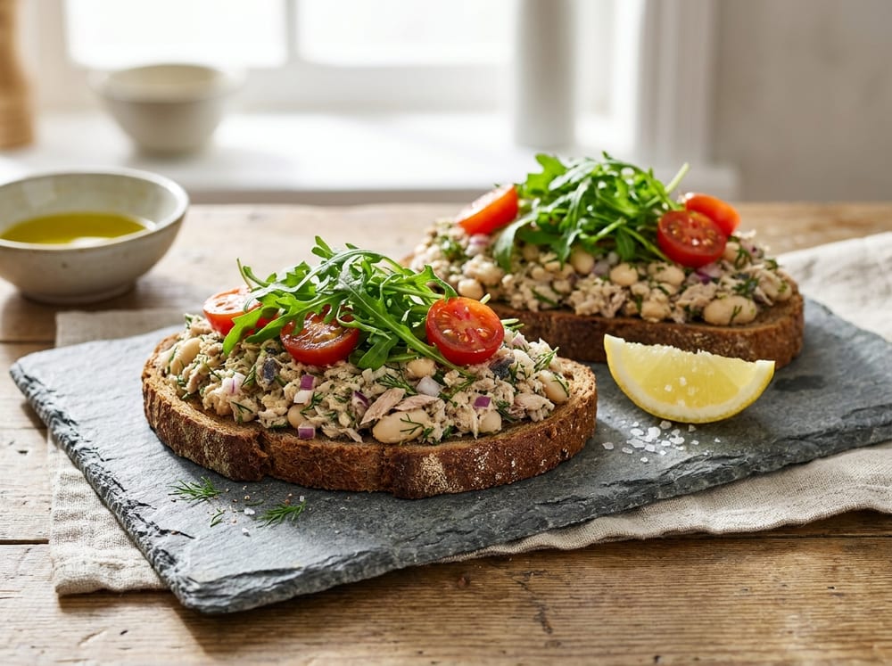 Two slices of dark whole-grain rye toast on a slate board, each heaped with a chunky mash of flaked sardines and white beans flecked with dill and red onion, crowned with peppery arugula and halved cherry tomatoes, a wedge of lemon alongside in crisp morning light.