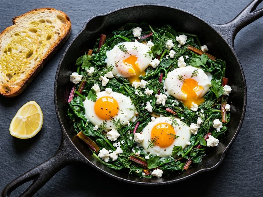 A cast-iron skillet of bright green wilted spinach and chard cradling four softly poached eggs with glossy orange yolks, crumbled white feta and flecks of fresh dill and parsley on top, a thick slice of olive-oil-toasted sourdough and a lemon wedge beside the pan, bright morning light on a dark slate surface.