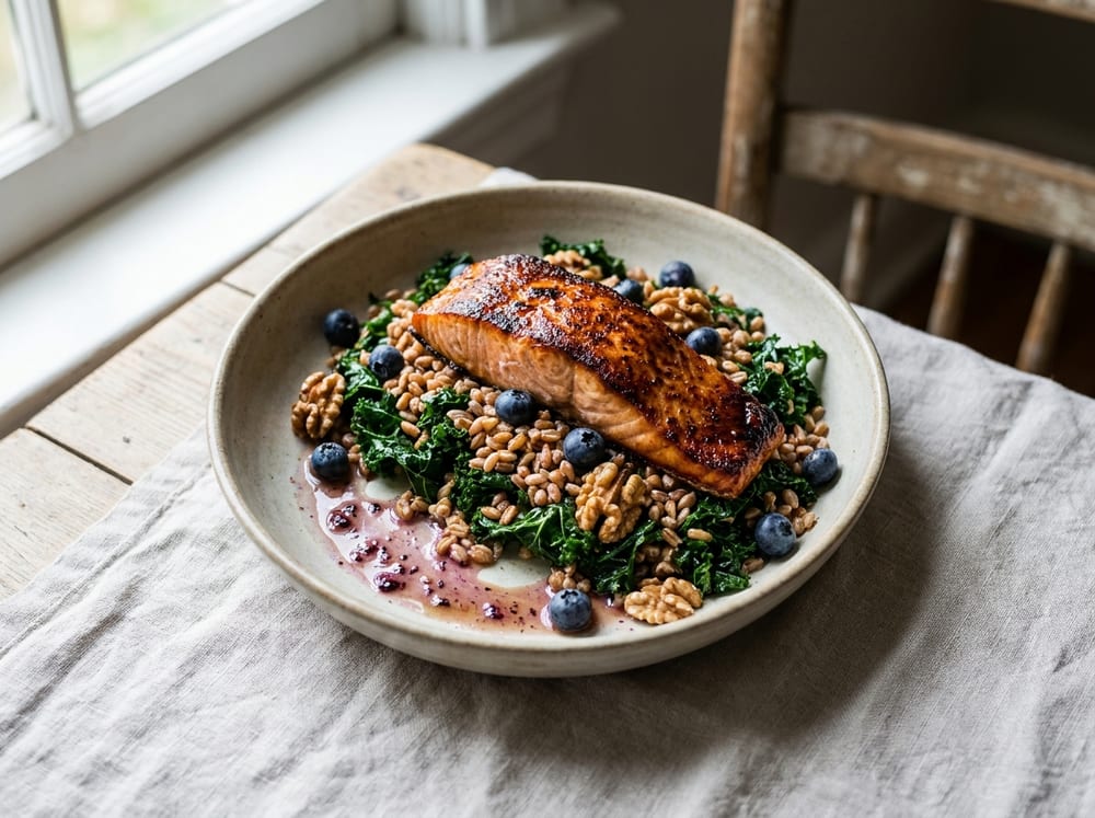 A shallow ceramic bowl of nutty farro and dark massaged kale topped with a bronzed roasted salmon fillet, scattered blueberries and toasted walnut halves, glossy purple-flecked vinaigrette pooled at the edge, on a pale linen-covered table in soft natural window light, shot slightly overhead with a shallow depth of field.