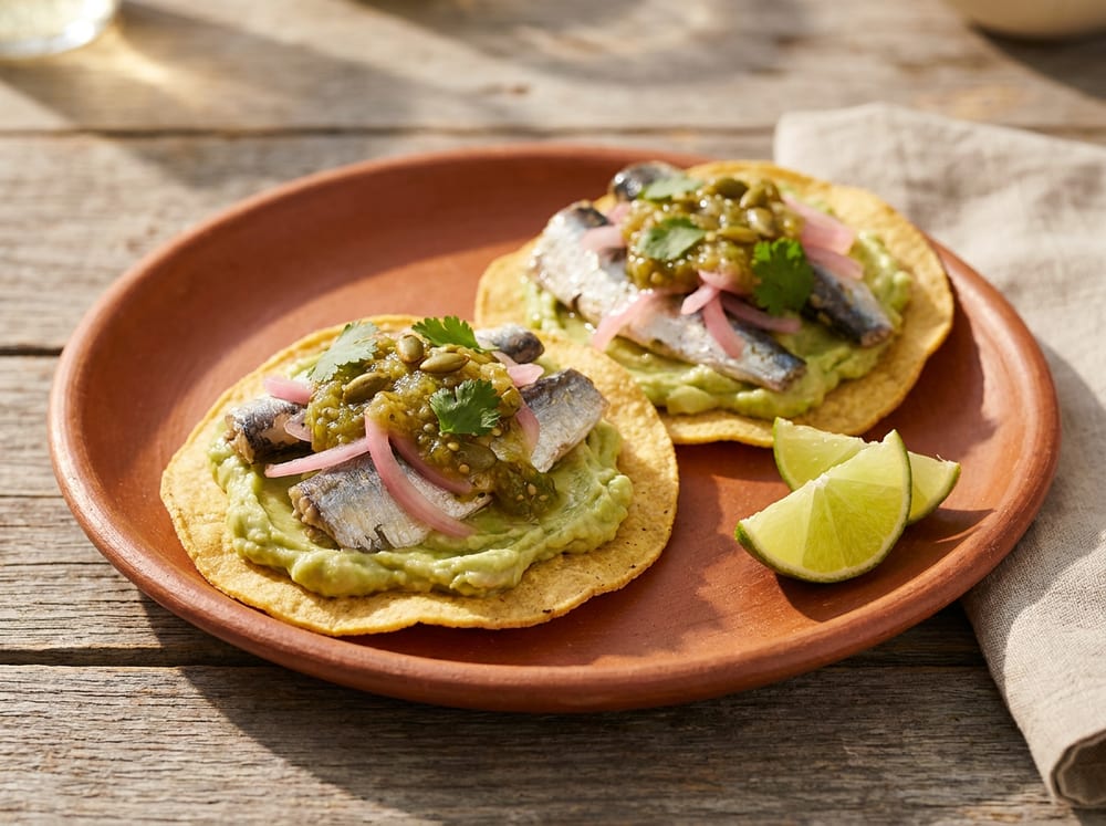 Two crisp golden corn tostadas on a rustic terracotta plate, layered with pale-green mashed avocado, silvery sardine fillets, vivid pink pickled onions, and a chunky green tomatillo salsa flecked with pumpkin seeds and cilantro, lime wedges alongside, warm daytime light casting soft shadows on a weathered wood table.