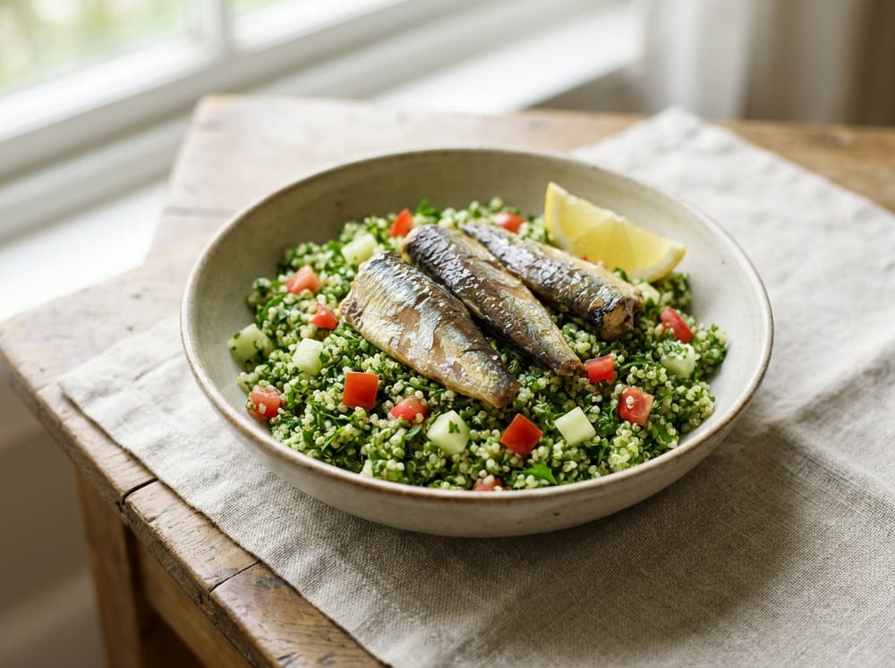 A shallow ceramic bowl of bright green parsley-flecked quinoa tabbouleh dotted with ruby tomato and pale cucumber, topped with glistening bronze sardine fillets and a lemon wedge, on a pale linen surface in soft diffused daylight, shot from a three-quarter overhead angle.