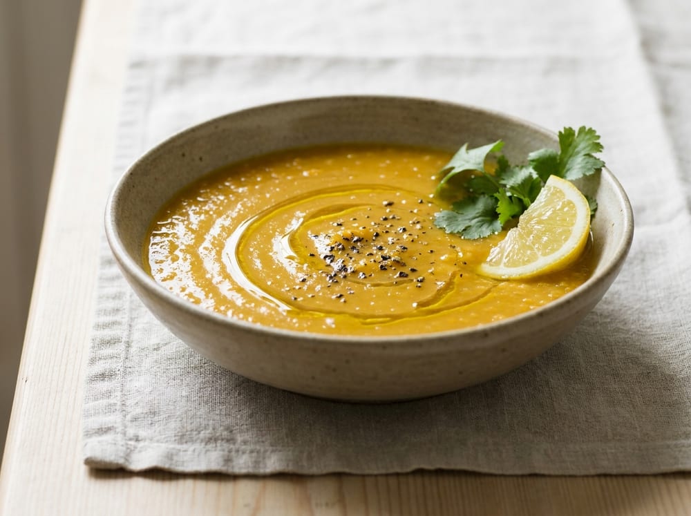 A wide shallow stoneware bowl of glossy golden-orange lentil soup on a pale linen cloth over light wood, a swirl of olive oil and a scatter of cracked pepper on the surface, a fresh lemon wedge and a few coriander leaves resting on the rim, soft natural side light.